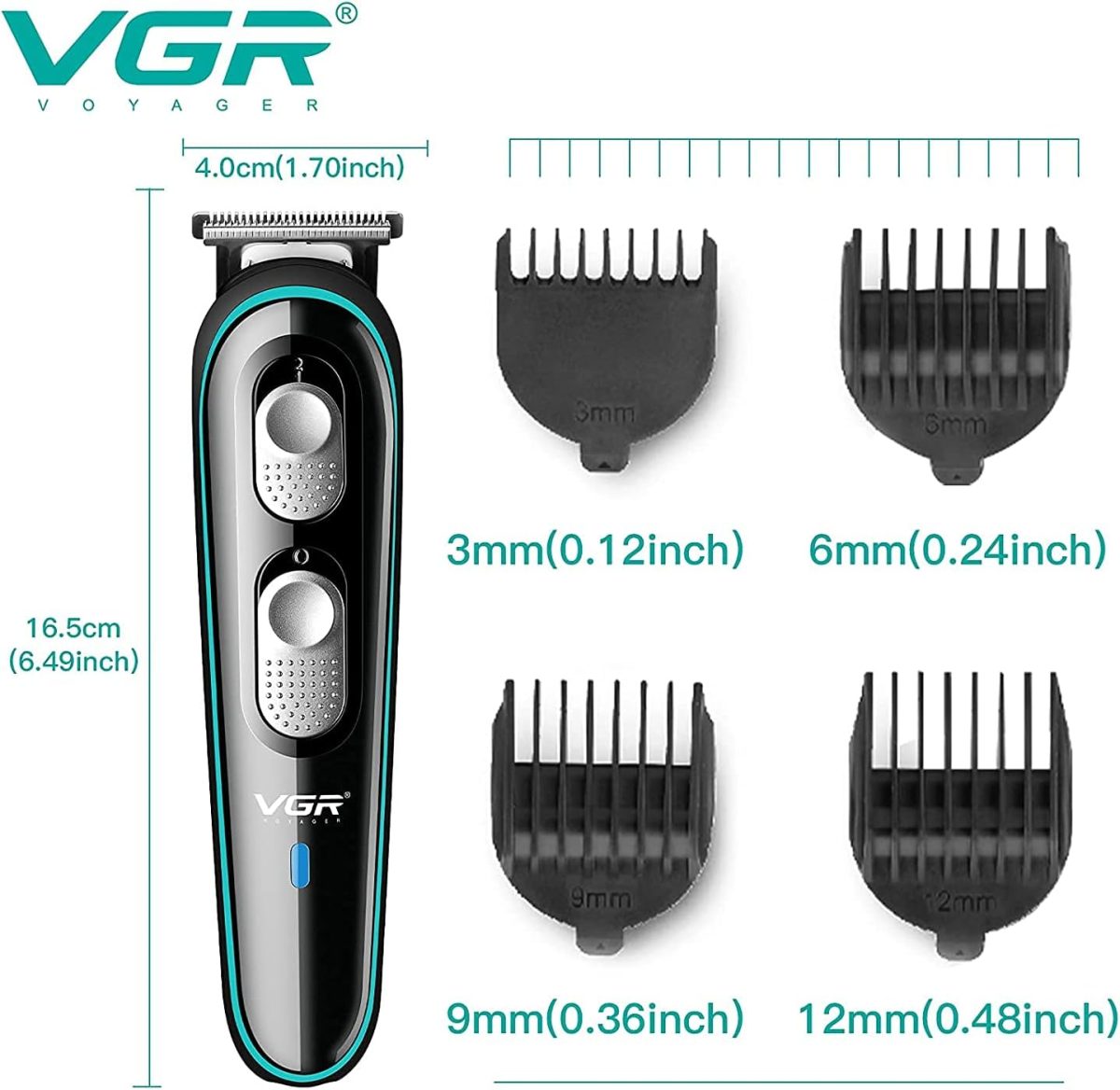 ⁦VGR V-055 Professional Cordless Beard Hair Trimmer Kit Wireless Hair Grooming Trimmers with 4 Guide Combs Brush USB Cord for Men, Family or Pets Rechargeable Li-ion Battery 120 mins Runtime - Black⁩ - الصورة ⁦8⁩