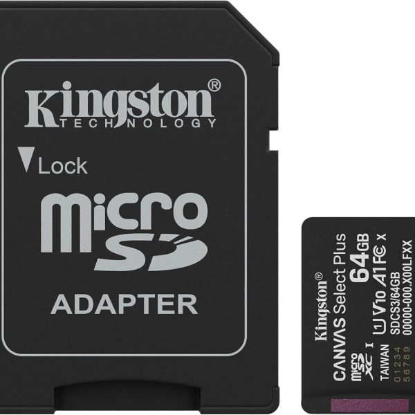 Kingston Canvas Select Plus microSD Memory Card 64GB microSDXC Gen3 100MB/s A1 Card + Adapter - SDCS3/64GB