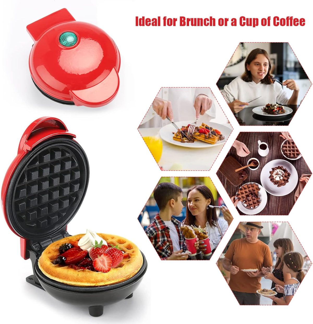 ⁦Yuragim Mini Waffle Maker, Small Non-Stick Waffle Iron for Quick Breakfast, Parties & Gifts, Red Plastic⁩ - الصورة ⁦6⁩