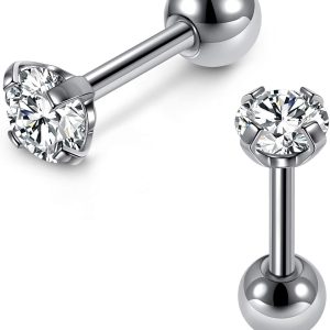 Zysta Mini Cubic Zirconia 16G Earring Studs Round Rhinestone Diamond Stainless Steel Post Back Ball Screw Men Women Boy Girl Nose Helix Cartilage Ear Lobe Small Cute Piercing Jewelry