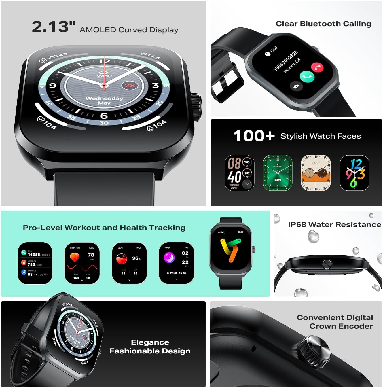 71b80fONKL._AC_SL1500_.jpg ساعة اكس ووتش 3 بلس XW3P الذكية من انفينيكس: مقاومة للماء بمعيار IP68، شاشة منحنية بتقنية اموليد 2.13 بوصة، بطارية تدوم 7 أيام، 200 واجهة ساعة، أوضاع رياضية، دعم المكالمات عبر البلوتوث، مراقبة الصحة