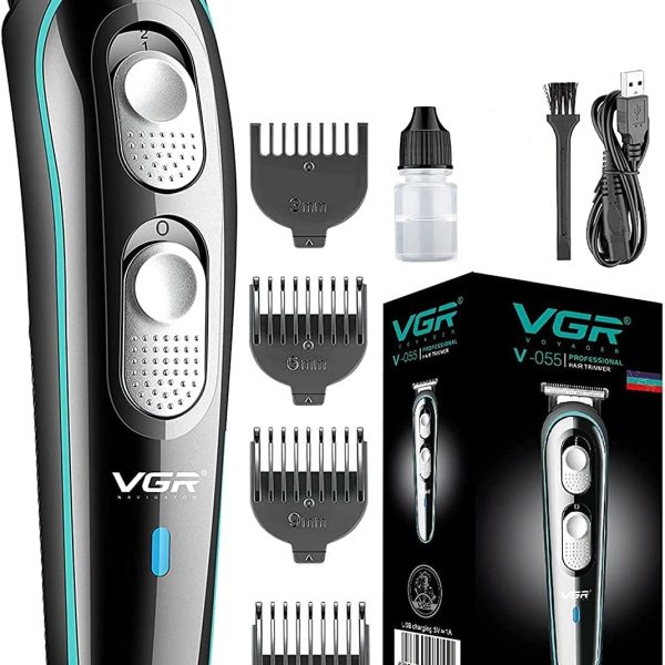 VGR V-055 Professional Cordless Beard Hair Trimmer Kit Wireless Hair Grooming Trimmers with 4 Guide Combs Brush USB Cord for Men, Family or Pets Rechargeable Li-ion Battery 120 mins Runtime - Black