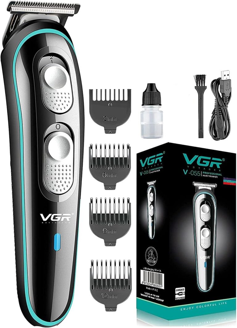 VGR V-055 Professional Cordless Beard Hair Trimmer Kit Wireless Hair Grooming Trimmers with 4 Guide Combs Brush USB Cord for Men, Family or Pets Rechargeable Li-ion Battery 120 mins Runtime - Black