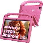 weelikeit 2024 Upgraded Kids Tablet, 10-Inch Android 14 Tablet for Kids, 8GB (4+4) RAM + 128GB Storage, 6000mAh Long Battery, Dual Cameras, Great tablet for Toddlers, Case Included (Pink)