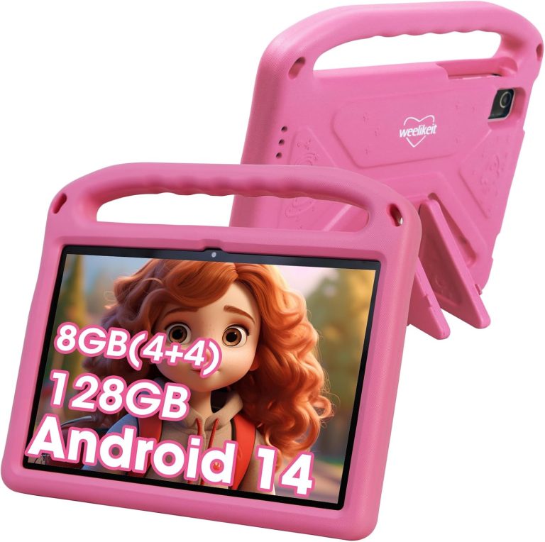 weelikeit 2024 Upgraded Kids Tablet, 10-Inch Android 14 Tablet for Kids, 8GB (4+4) RAM + 128GB Storage, 6000mAh Long Battery, Dual Cameras, Great tablet for Toddlers, Case Included (Pink)