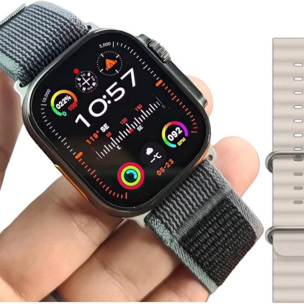 ساعة HK10 الترا 3 الذكية متعددة الوظائف مصممة مثل الترا 2 بشاشة اموليد وحزامين لدعم الساعة الدائمة واللغة العربية غير معكوسة والرد على المكالمات والاتصال قريب المدى ووضع الرياضة وGPT2.0، لون رمادي