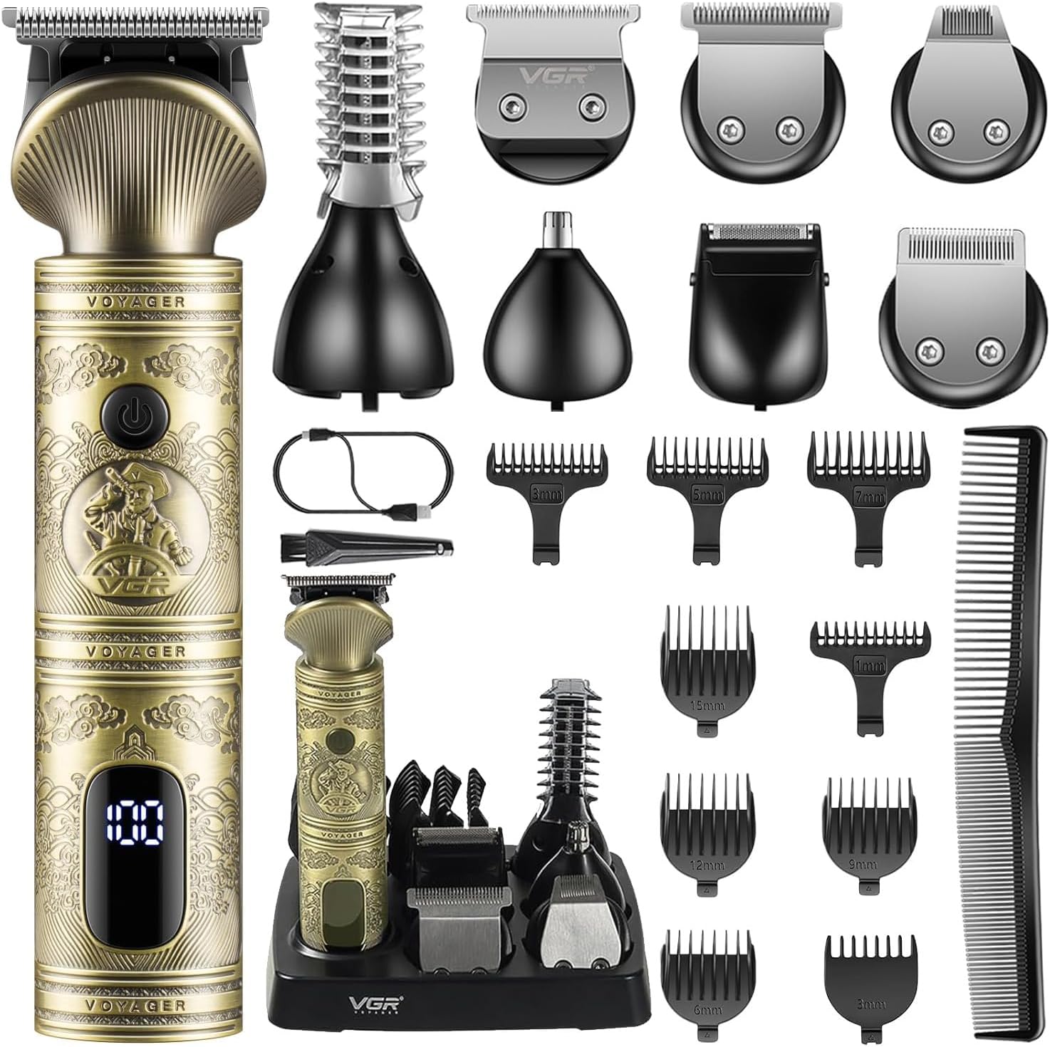 VGR V-106 Professional 6in1 Grooming Kit with LED Display Trimmer 180 min Runtime 16 Length Settings (Gold)