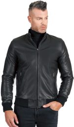 ⁦Top leather (T23) Mens Casual Stand Collar Slim Fit Genuine Leather Jacket Biker Motorcycle Jacket⁩ - الصورة ⁦3⁩