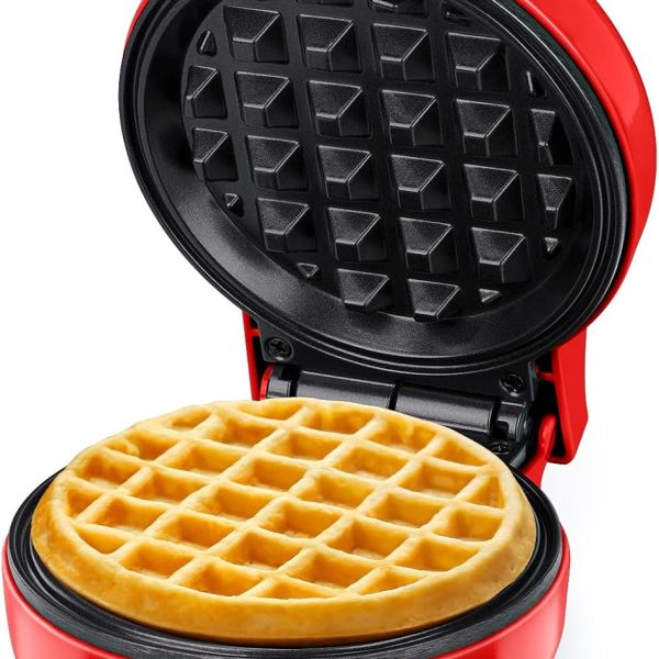 SNAILAR Mini Waffle Maker Belgian Waffle Maker Small Classic Waffle Maker for Children's Birthdays, Family Parties, Easter or Christmas, Cute and Compact Design, 350 Watts, Red
