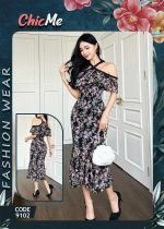 ⁦Floral Print Off Shoulder Bodycon Dress Maxi Black, Code (9102)⁩ - الصورة ⁦2⁩