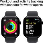 ⁦Apple Watch Series 10 GPS 46 mm Smartwatch with Jet Black Aluminium Case with Black Sport Band - M/L. Fitness Tracker, ECG App, Always-On Retina Display, Water Resistant⁩ - الصورة ⁦4⁩