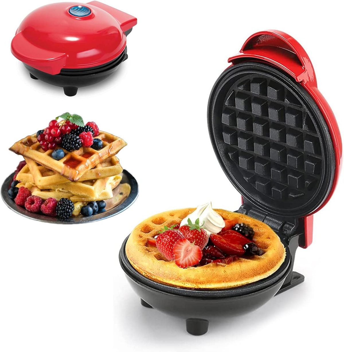 ⁦Yuragim Mini Waffle Maker, Small Non-Stick Waffle Iron for Quick Breakfast, Parties & Gifts, Red Plastic⁩ - الصورة ⁦8⁩