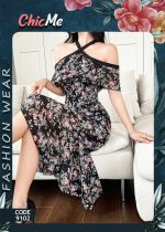 ⁦Floral Print Off Shoulder Bodycon Dress Maxi Black, Code (9102)⁩ - الصورة ⁦4⁩