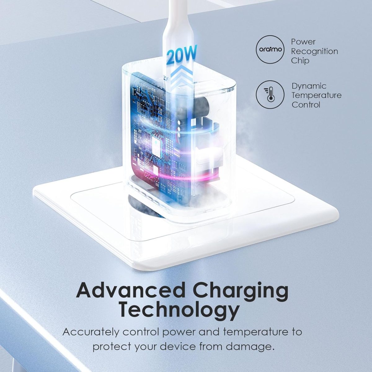 ⁦Oraimo 20W Type C Fast Charger Pd 3.0 Usb C Wall Adapter Compatible For Samsung Galaxy S22 S21/S21+/S21 Ultra/S20/S20+/S20 Fe/Note 20 Ultra/10, Google Pixel 6/5/4, White⁩ - الصورة ⁦3⁩