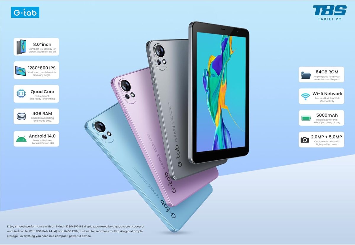 ⁦G-Tab T8S Tablet (WiFi) 5G (RAM :4+4GB, ROM :64GB) 8 inch IPS LCD 800x1280, 5000 mAh Battery, Android 14, Camera 2MP front + 5MP rear, Silicon Case,1 Year Warranty, Blue⁩ - الصورة ⁦2⁩