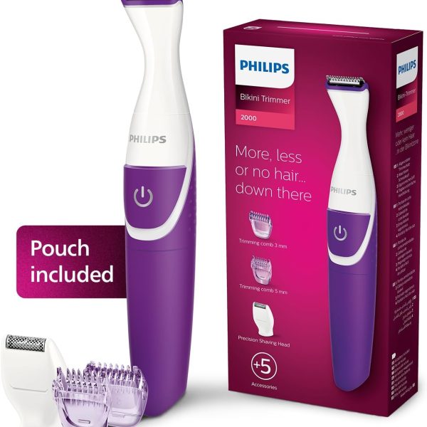 Philips Essential Bikini Trimmer. Trim. Shave & Style. Mini Shaving Head Included. Portable. Battery, Brt38315. 2 Years Warranty, Whitepurple