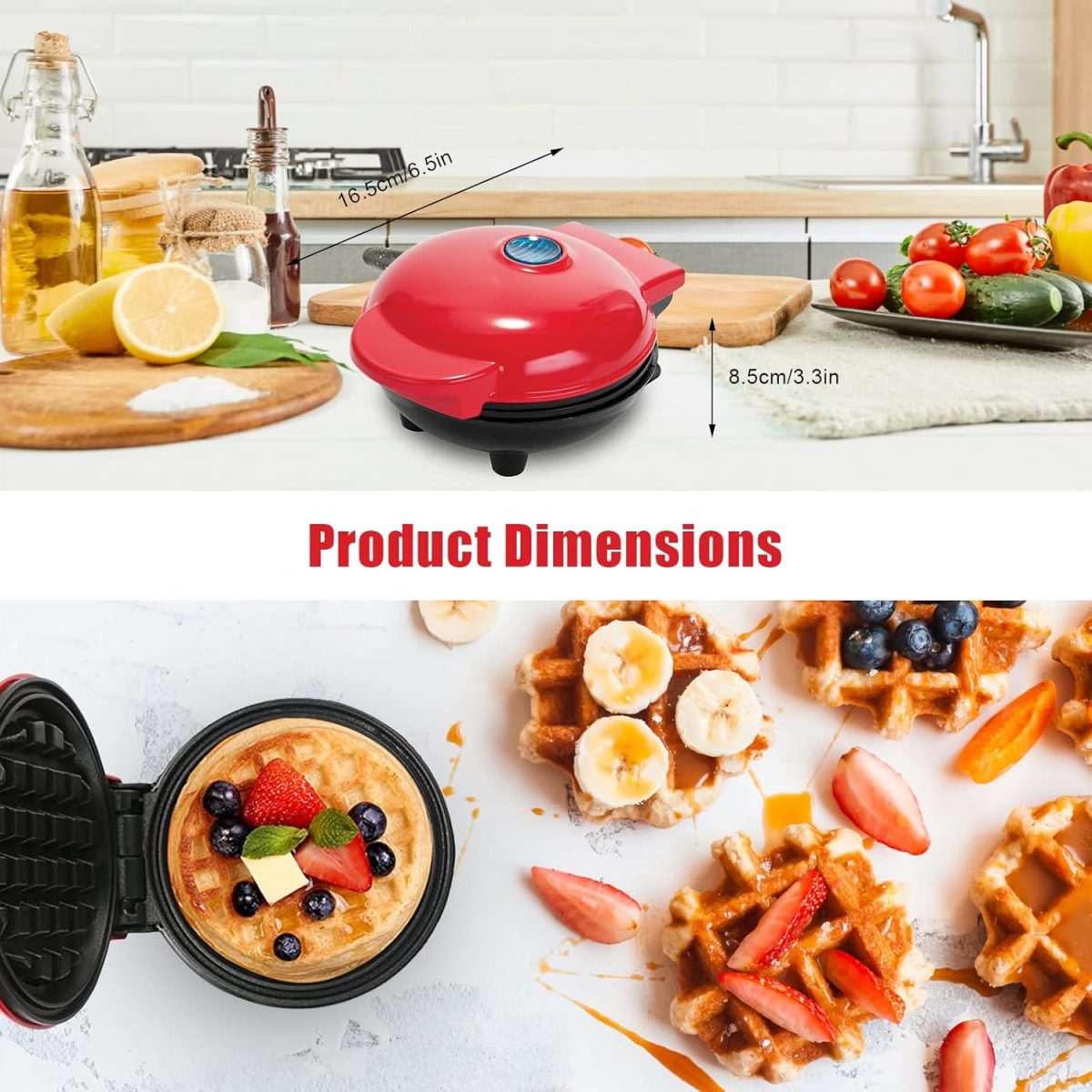 ⁦Yuragim Mini Waffle Maker, Small Non-Stick Waffle Iron for Quick Breakfast, Parties & Gifts, Red Plastic⁩ - الصورة ⁦2⁩