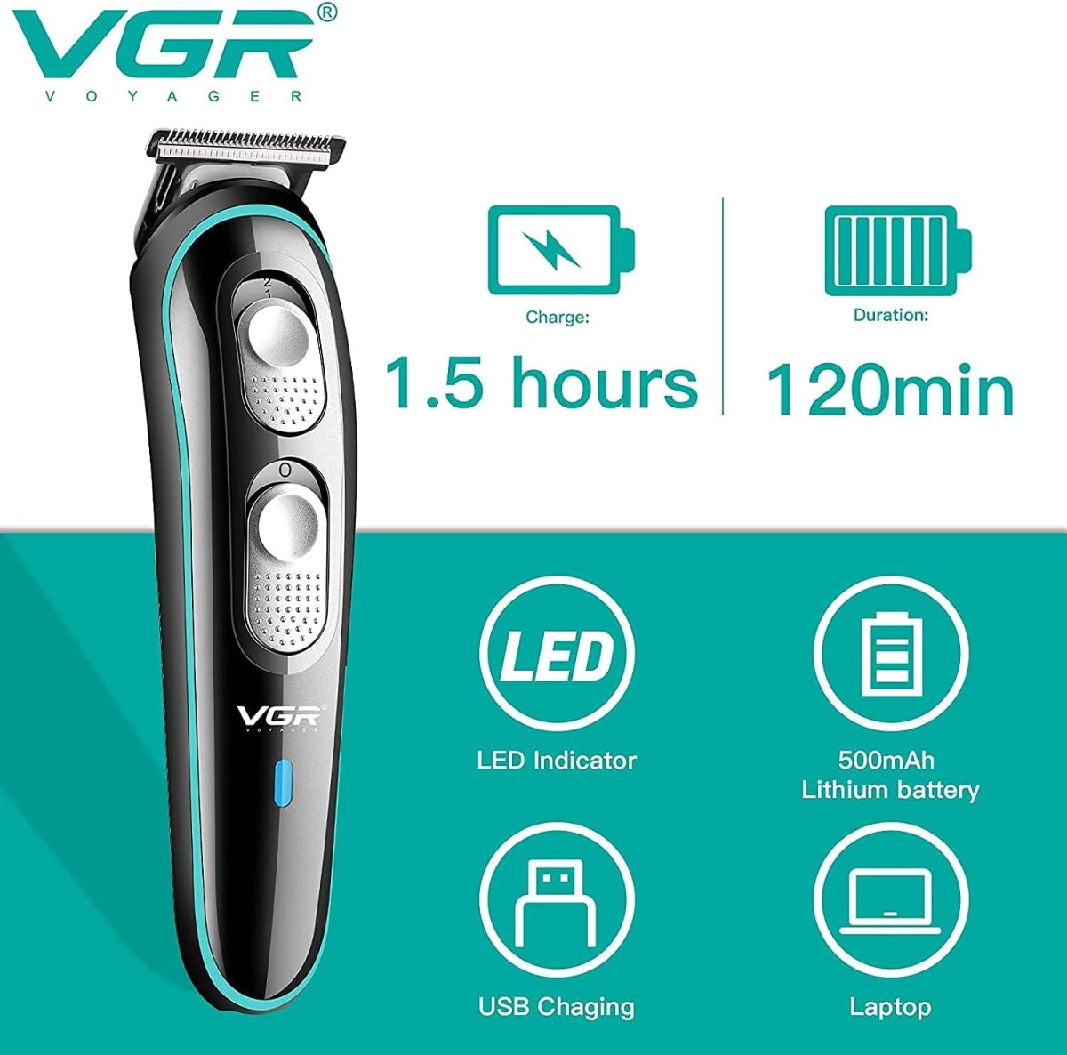 ⁦VGR V-055 Professional Cordless Beard Hair Trimmer Kit Wireless Hair Grooming Trimmers with 4 Guide Combs Brush USB Cord for Men, Family or Pets Rechargeable Li-ion Battery 120 mins Runtime - Black⁩ - الصورة ⁦6⁩