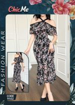 ⁦Floral Print Off Shoulder Bodycon Dress Maxi Black, Code (9102)⁩ - الصورة ⁦3⁩