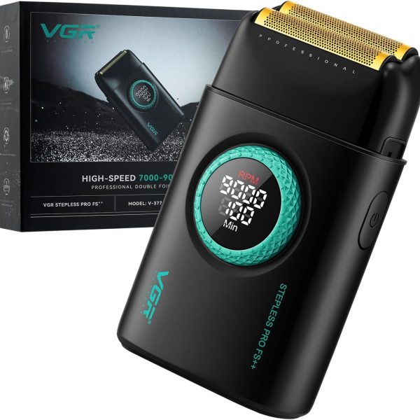 VGR 377 Foil Shaver for Men, Electric Razor for Shaving Face with Double Foil, 21-Speed 9000 RPM Motor Bald Shavers LED Display Titanium Foils, Barber Supplies (Black), Men's Gifts