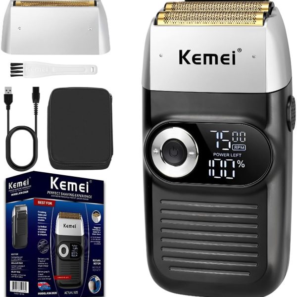 KEMEI Men's Shaving Razor, Rechargeable Electric Razor with Beard Trimmer, Titanium Foil Lithium Cordless Razors with Travel Case