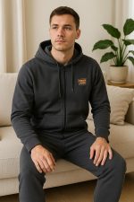 ⁦MEZA Men's Sports Set, Zip Up Hoodie and Sweatpants, Grey, Heavy Diving Fabric, DTF Print, Sport and Outwear, Back Pocket⁩ - الصورة ⁦2⁩