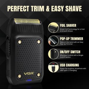 ⁦Vgr V-353 Professional Ultra Thin Shaver - Rechargeable Razor for Face Care & Beard Trimmer - Reciprocating Blade with USB Travel Shaver, Men's Electric Razor - Black⁩ - الصورة ⁦2⁩