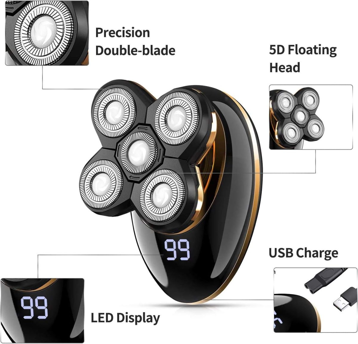 ⁦VGR V-316 Mens Head Shaver for Bald Men 5 in 1 LED Electric Cordless Razors USB Rechargeable Wet & Dry Grooming Kit Nose Hair Trimmer IPX5-Waterproof⁩ - الصورة ⁦3⁩
