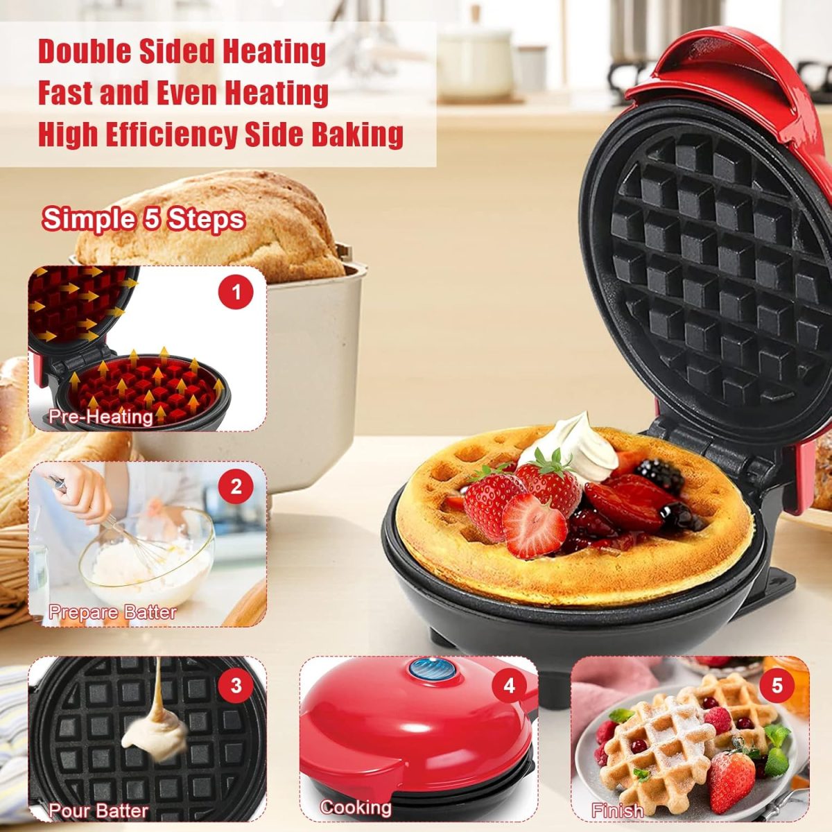 ⁦Yuragim Mini Waffle Maker, Small Non-Stick Waffle Iron for Quick Breakfast, Parties & Gifts, Red Plastic⁩ - الصورة ⁦3⁩