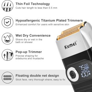 ⁦Kemei Foil Shavers for Men Electric Razor with Bald Trimming Cordless Electric Shavers with LED Display 2 in 1⁩ - الصورة ⁦4⁩