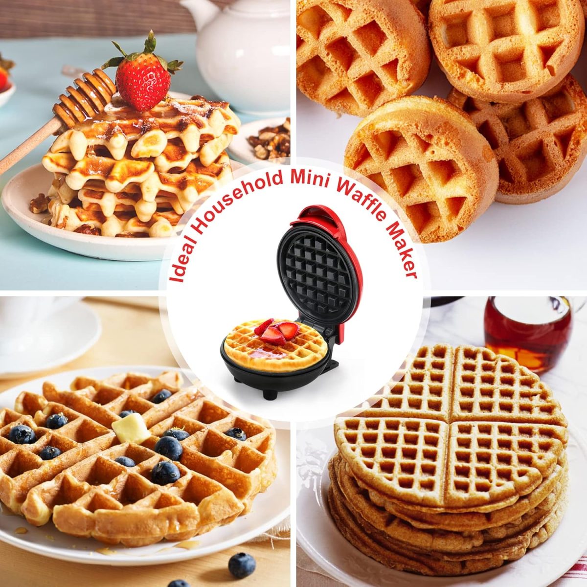 ⁦LOMUG Mini Round Waffle Maker, Non-Stick Belgian Waffle Maker for Home & Kids Birthdays⁩ - الصورة ⁦5⁩