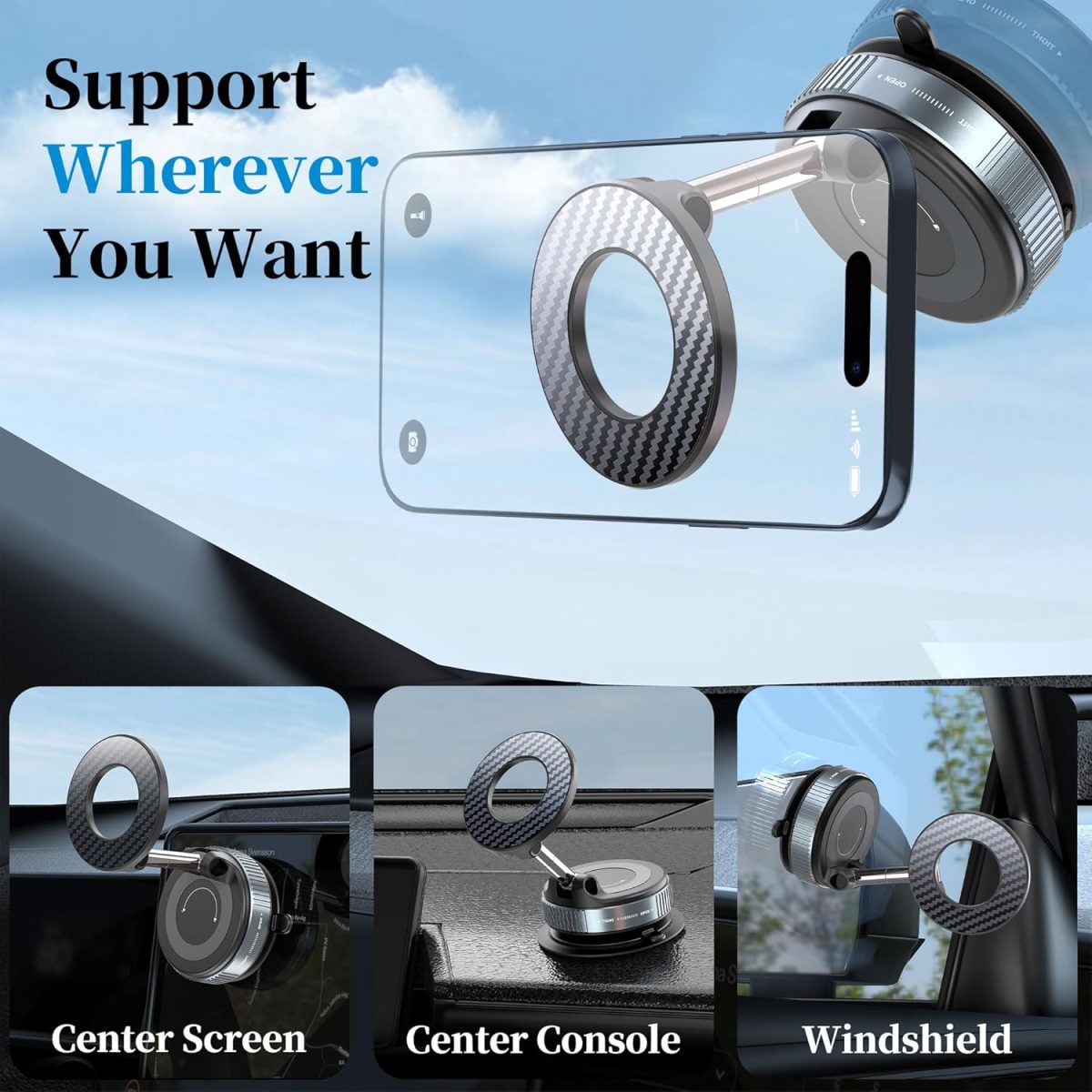 ⁦PlusAcc Vacuum Magnetic Phone Holder for Car - Suction Phone Mount 360°Rotatable Foldable Portable Strong Magnet Stand for iPhone16/15/14/13 & Samsung on Mirror,Smooth Surface, Windscreens⁩ - الصورة ⁦3⁩