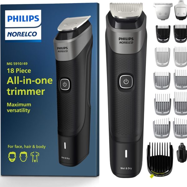 Philips Norelco Multigroom Series 5000 18 Piece, Beard Face, Hair, Body and Intimate Hair Trimmer for Men – NO Blade Oil MG5910/49