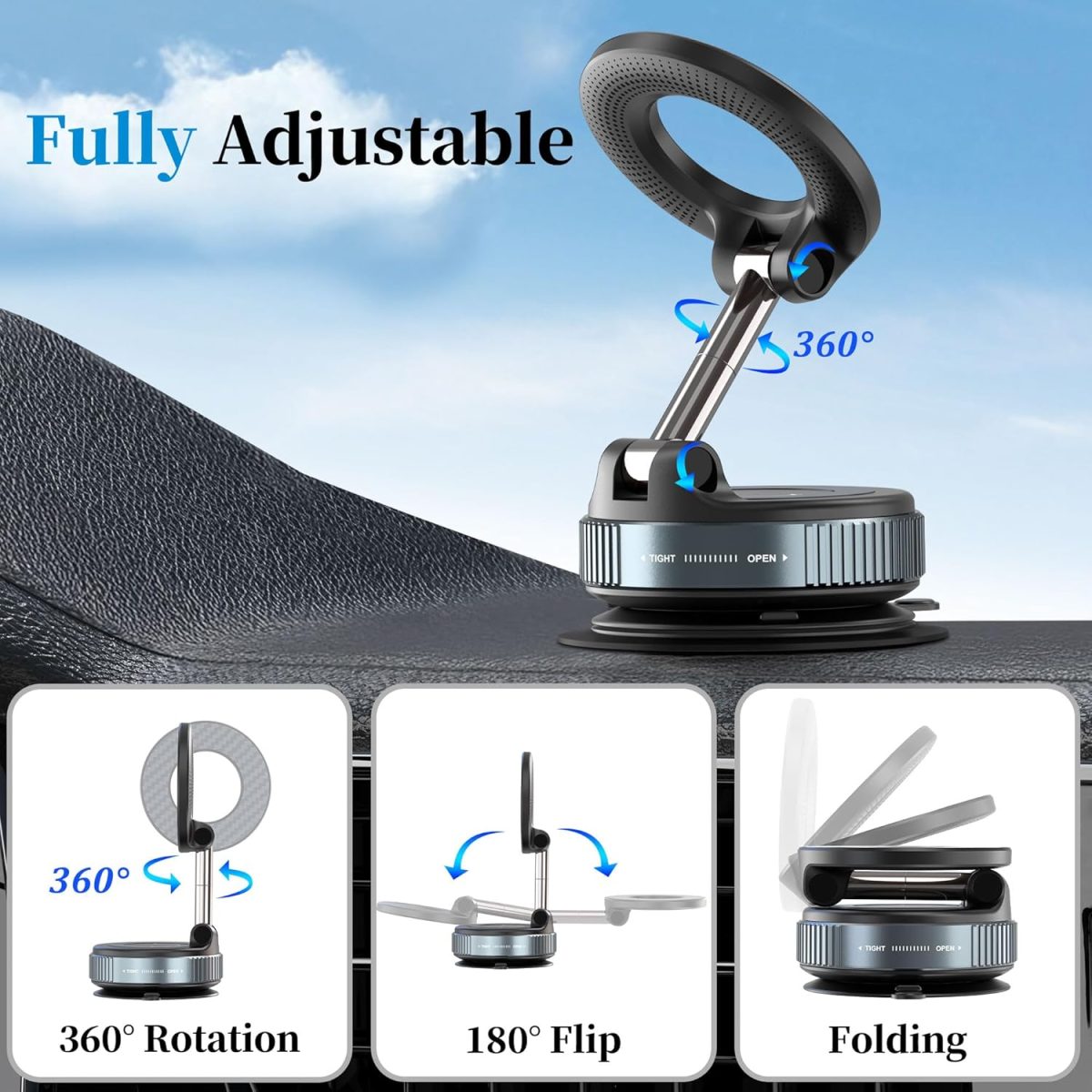 ⁦PlusAcc Vacuum Magnetic Phone Holder for Car - Suction Phone Mount 360°Rotatable Foldable Portable Strong Magnet Stand for iPhone16/15/14/13 & Samsung on Mirror,Smooth Surface, Windscreens⁩ - الصورة ⁦4⁩