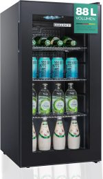 Heinrich´s Drinks Fridge, Mini Fridge with Glass Door, Compact and Quiet: 40 dB, LED Interior Lighting, Perfect for Office, Camping 4 to 18 °C, (88 Litres/3 Shelves/40 db) [Energy Class D]