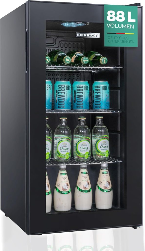 Heinrich´s Drinks Fridge, Mini Fridge with Glass Door, Compact and Quiet: 40 dB, LED Interior Lighting, Perfect for Office, Camping 4 to 18 °C, (88 Litres/3 Shelves/40 db) [Energy Class D]