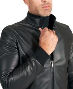 ⁦Top leather (T23) Mens Casual Stand Collar Slim Fit Genuine Leather Jacket Biker Motorcycle Jacket⁩ - الصورة ⁦6⁩