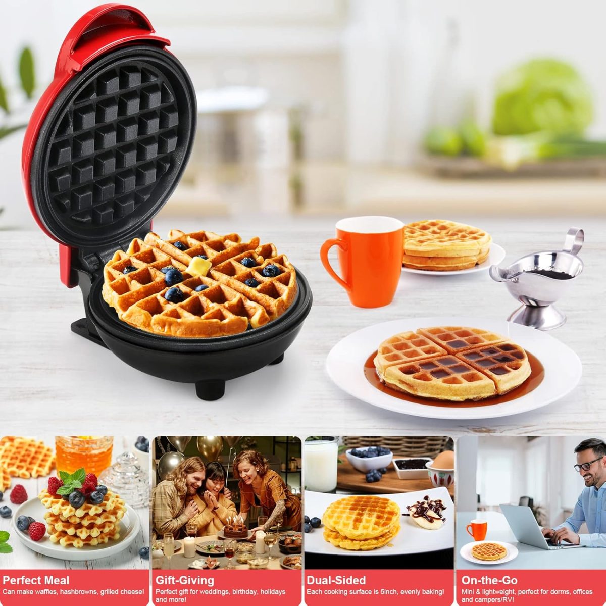 ⁦LOMUG Mini Round Waffle Maker, Non-Stick Belgian Waffle Maker for Home & Kids Birthdays⁩ - الصورة ⁦6⁩