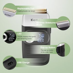 ⁦Kemei Foil Shavers for Men Electric Razor with Bald Trimming Cordless Electric Shavers with LED Display 2 in 1⁩ - الصورة ⁦3⁩
