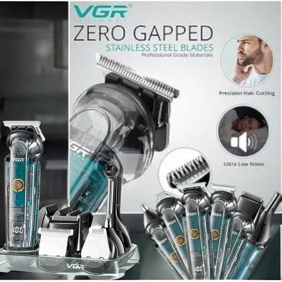 ⁦V-102 6-in-1 Professional Grooming Kit for Men | Trimmers for Face, Hair, Nose, Ears & Body | IPX6 Waterproof, 180 Minutes Runtime, 10 Guide Combs, Travel Pouch Included (Clear)⁩ - الصورة ⁦8⁩