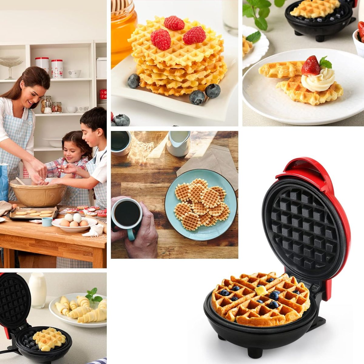 ⁦LOMUG Mini Round Waffle Maker, Non-Stick Belgian Waffle Maker for Home & Kids Birthdays⁩ - الصورة ⁦4⁩