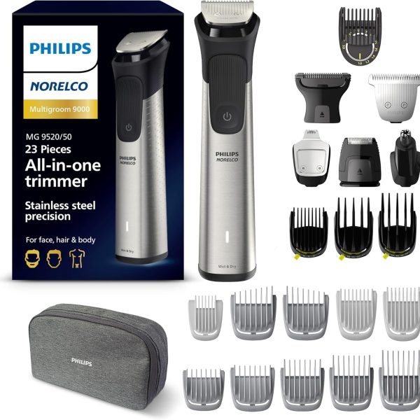 Philips Norelco Multi Groomer 23 Piece Men's Grooming Kit, Trimmer for Beard, Head, Body, and Face - Stainless Steel Precision. No Blade Oil Needed. MG9520/50