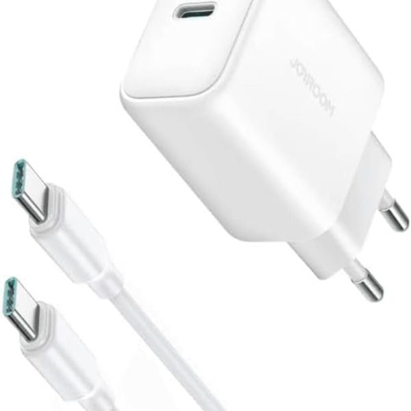 شاحن JR-TCF24 للشحن السريع بتقنية بي دي بقوة 30 واط - مع قابس أوروبي + كابل C إلى C بطول 1 متر - لون أبيض