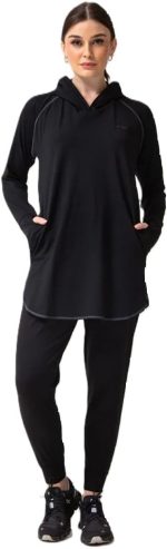 طقم رياضي نسائي من Vicino سويت شيرت طويل بغطاء رأس وثقب للإبهام، مع بنطلون بخصر مرتفع، مثالي للتمارين الرياضية – باللون الأسود