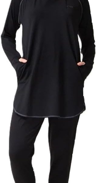 طقم رياضي نسائي من Vicino سويت شيرت طويل بغطاء رأس وثقب للإبهام، مع بنطلون بخصر مرتفع، مثالي للتمارين الرياضية – باللون الأسود