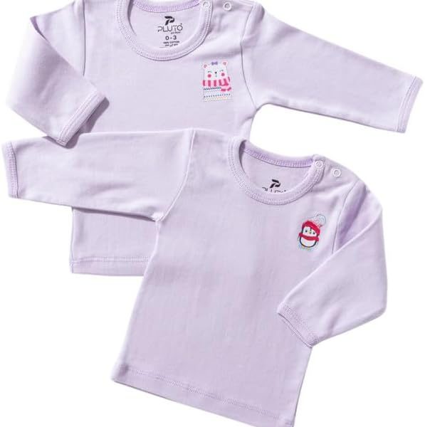 طقم فانلة قطن باكمام طويلة وتصميم خاص للبنات البيبي من بلو2، قطعتين - ارجواني