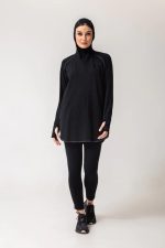 ⁦طقم رياضي نسائي من Vicino سويت شيرت طويل بغطاء رأس وثقب للإبهام، مع بنطلون بخصر مرتفع، مثالي للتمارين الرياضية – باللون الأسود⁩ - الصورة ⁦2⁩