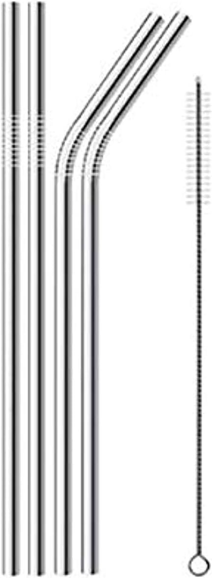 مصاصات شراب معدنية قابلة لإعادة الاستخدام من الفولاذ المقاوم للصدأ 304 قوية ومستقيمة أو منحنيّة، مع فرشاة تنظيف، من 4 قطع.