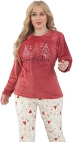 طقم بيجامة شتوي حريمي من القطيفة المبطنة المستوردة - قطعتين بنطلون منقوش وتيشيرت مطرز