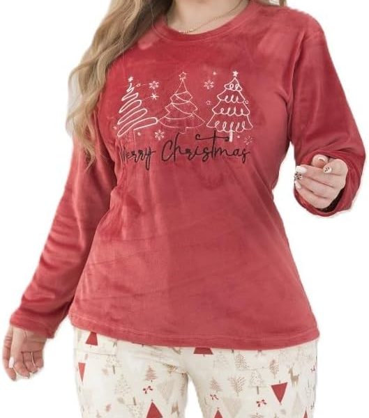 طقم بيجامة شتوي حريمي من القطيفة المبطنة المستوردة - قطعتين بنطلون منقوش وتيشيرت مطرز